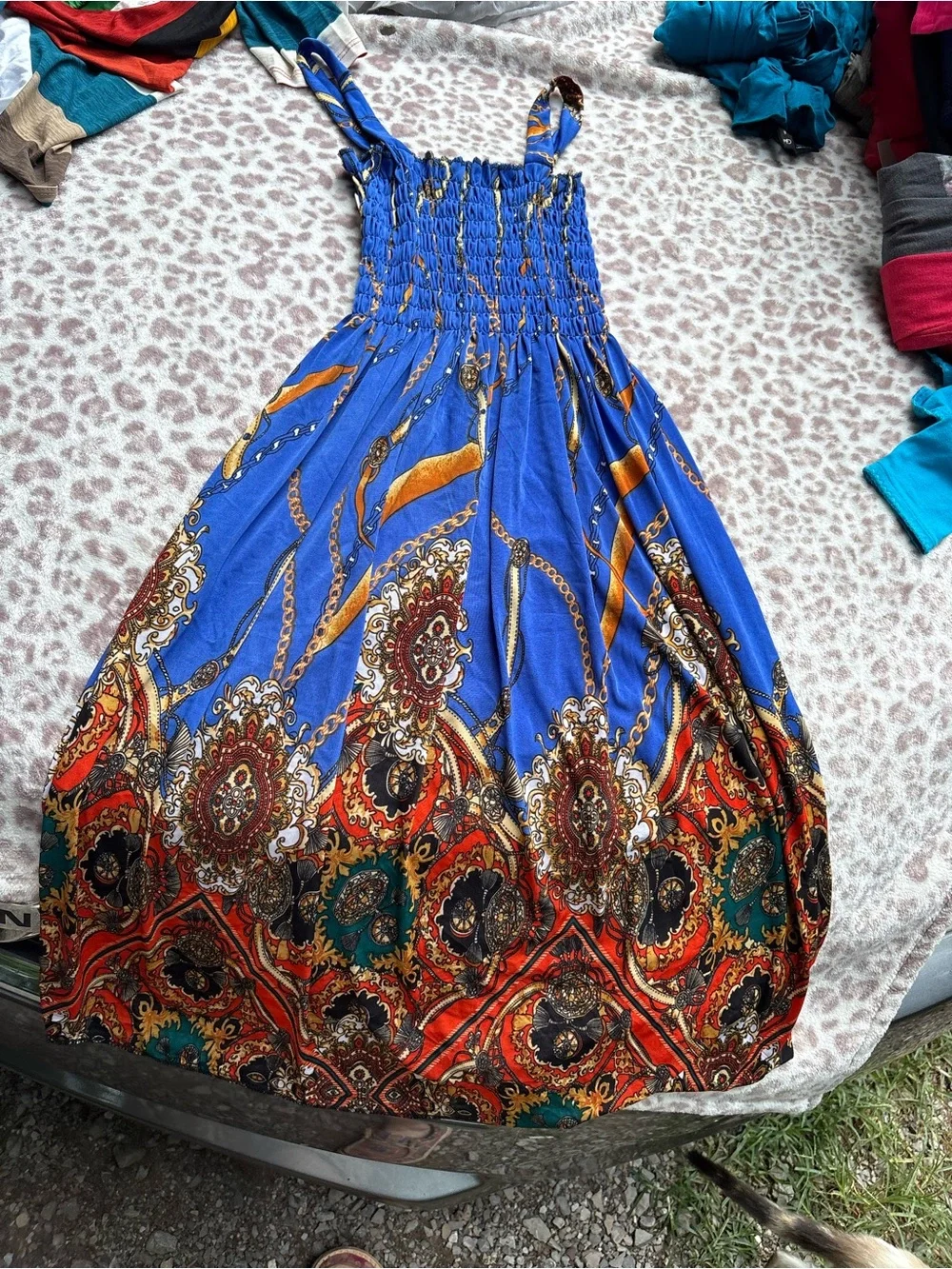 NWT Summer Midi Dress Blue Boho Paisley with Gold Chain Print XS-Large